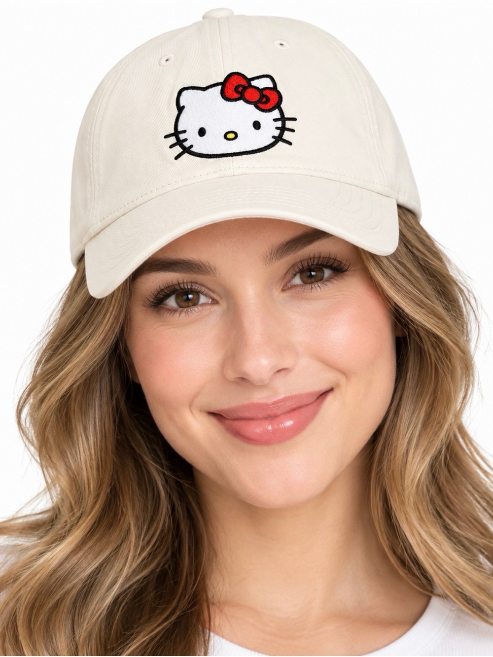 Cream Baseball Cap with Embroidered Hello Kitty Accent